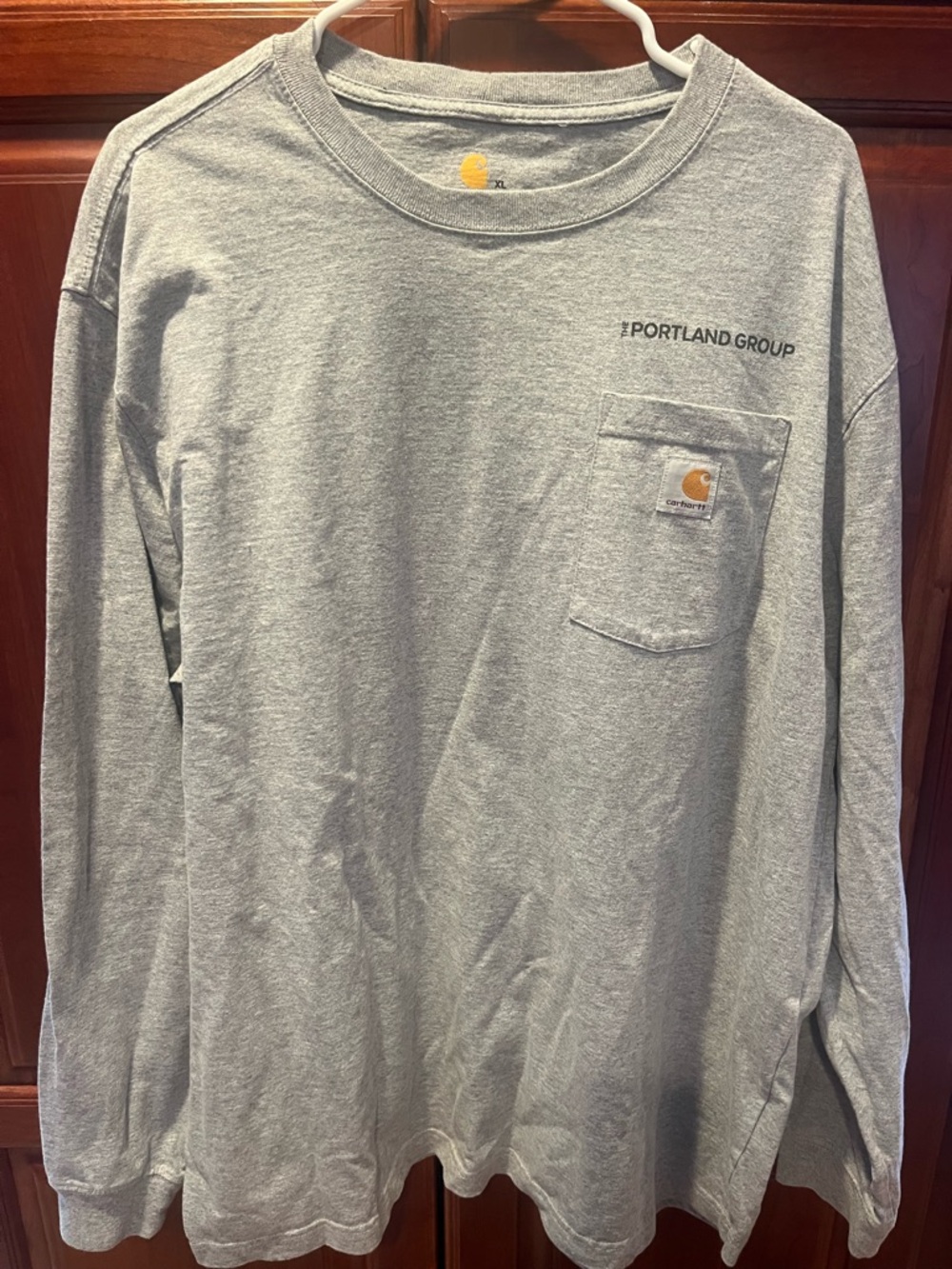Carhartt Gray Long Sleeve Pocket Tee with Gold Logo Patch